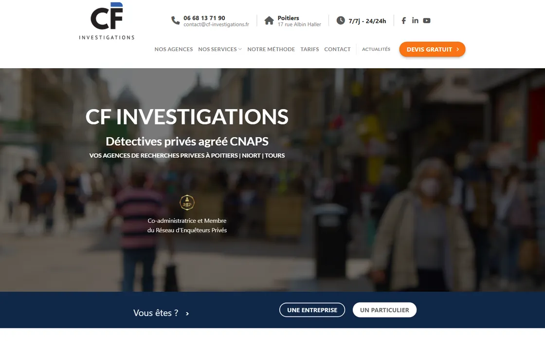 Page d'accueil du site cf-investigations.fr, sur ordinateur et sur mobile