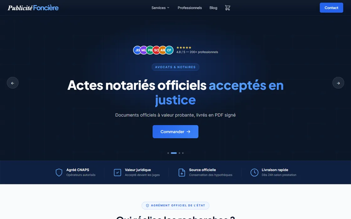 Page d'accueil du site publicitefonciere.fr, sur ordinateur et sur mobile
