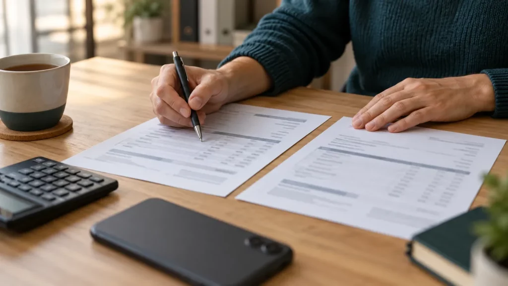 Comparer deux devis de site internet avant de signer : mains, stylo et calculatrice sur un bureau
