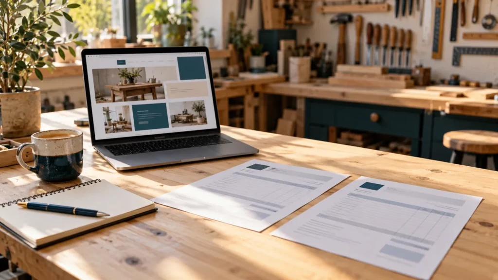 Prix d'un site internet à Poitiers : bureau d'artisan avec un site vitrine à l'écran et deux devis côte à côte