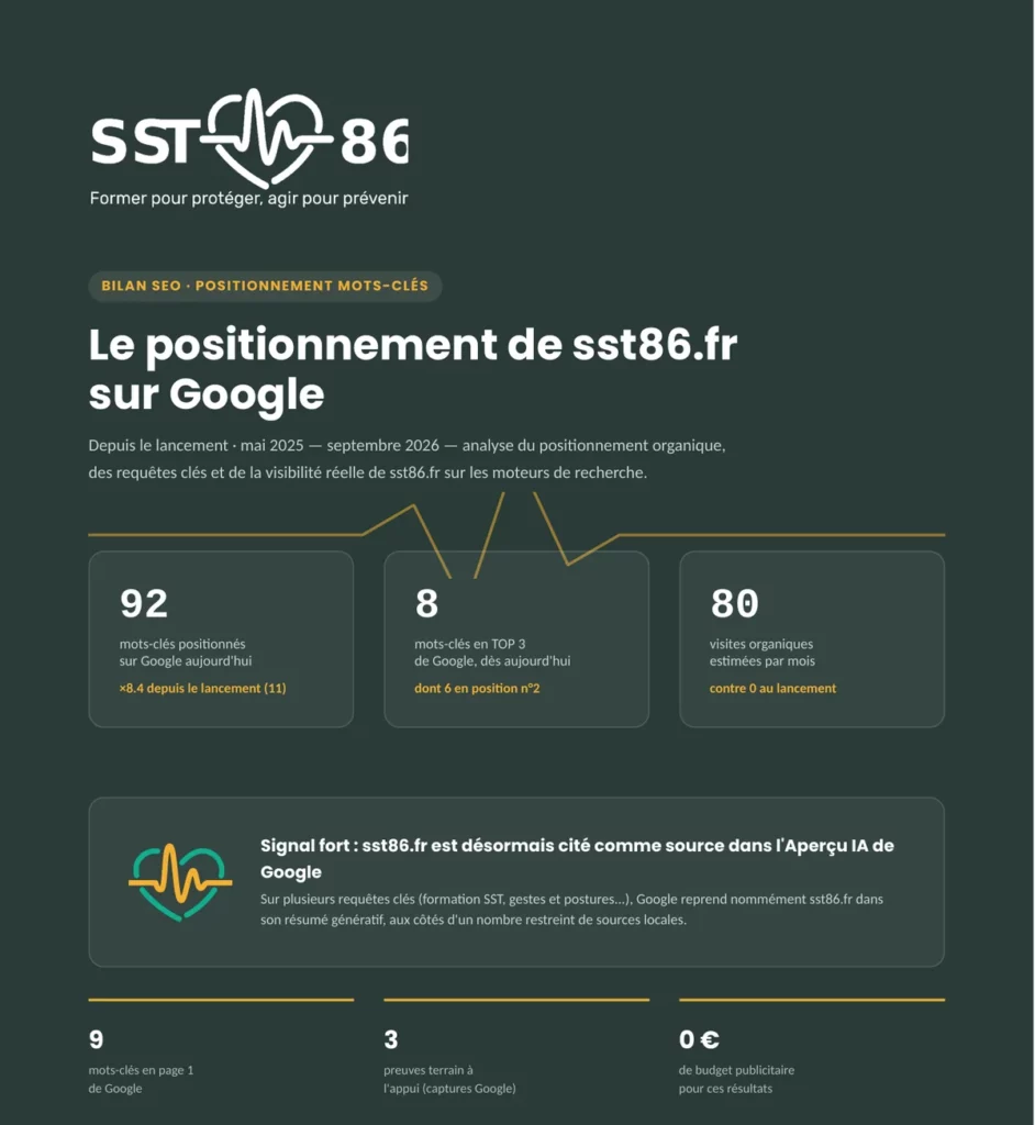 Bilan SEO de sst86.fr, septembre 2026 : 92 mots-clés positionnés sur Google (8,4 fois plus qu’au lancement), 8 dans le top 3, 80 visites organiques estimées par mois, site cité dans l’Aperçu IA de Google, 0 € de publicité