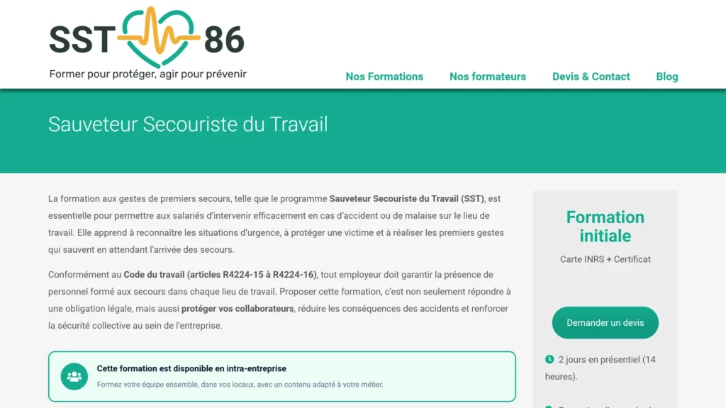 Page « Sauveteur Secouriste du Travail » du site sst86.fr : titre, présentation de la formation et bouton « Demander un devis »